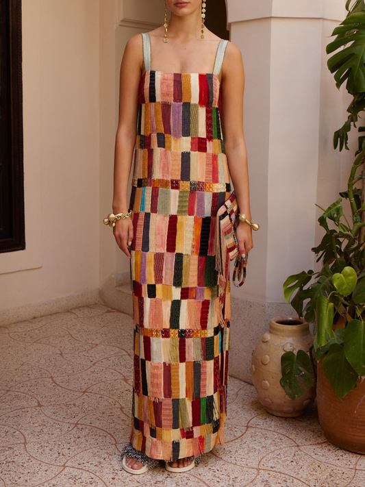 Fringed Embellished Silk Midi Dress