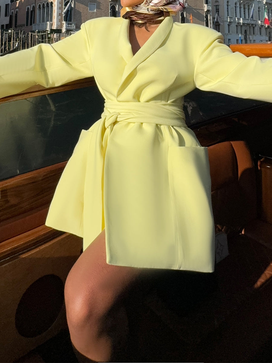 Double Rounded Collar Drop Shoulder Belted Blazer