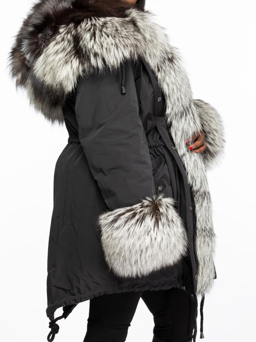 Silver Fox Fur Warm Hooded Collar Fur Coat