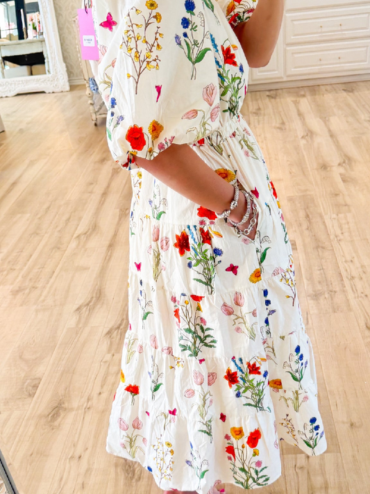 THML Cream Floral Puff Sleeve Maxi Dress