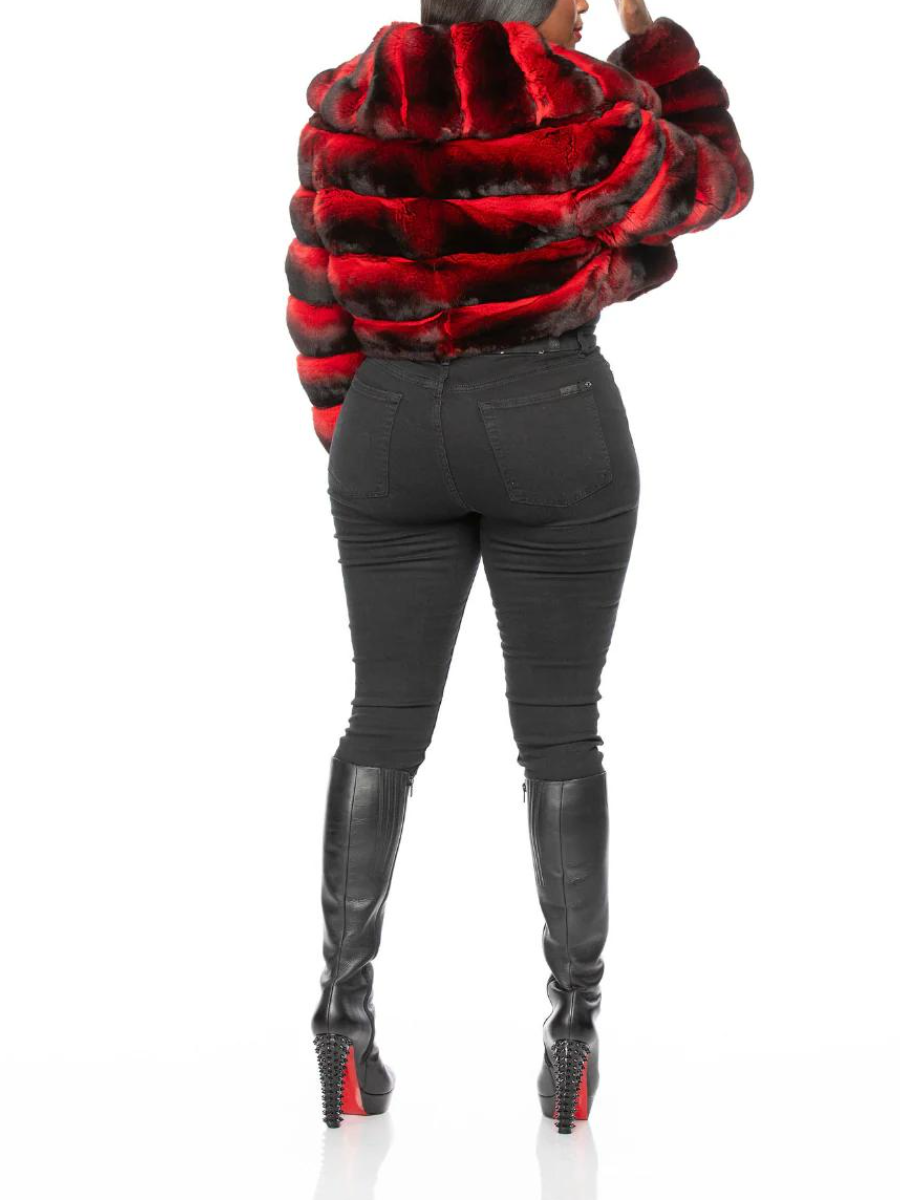 Red-Brown Gradient Patchwork Faux Fur Cropped Coat