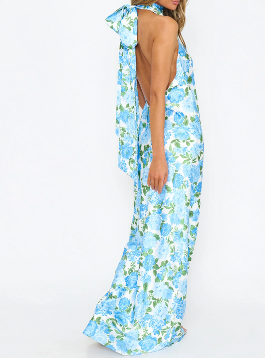 Blue Printed Bow Maxi Dress