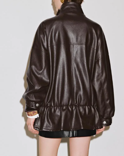 Burgundy Stand Collar Leather Jacket