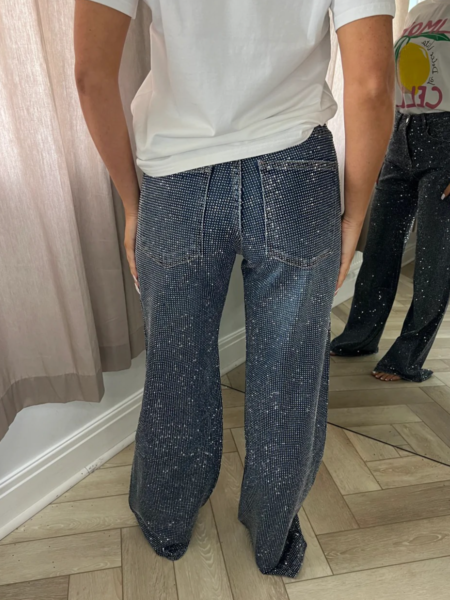 Rhinestone-studded Wide-leg Sparkly Jeans