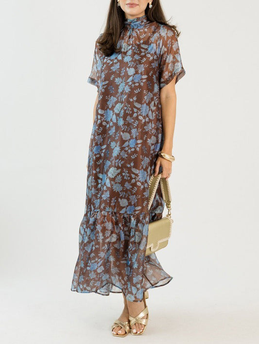 Floral Organza Maxi Dress, Brown