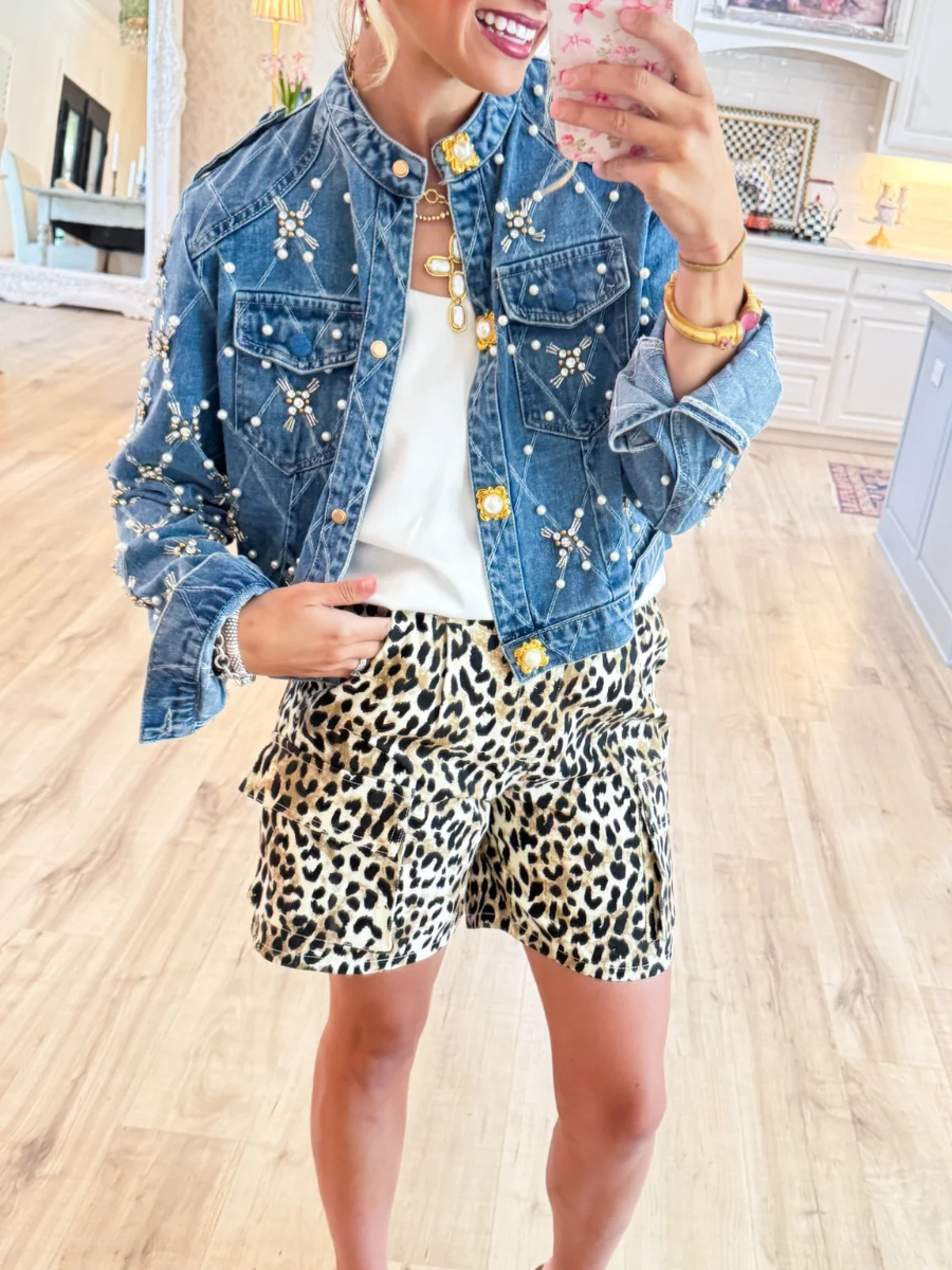 Pearl And Rhinestone Embellished Denim Jacket