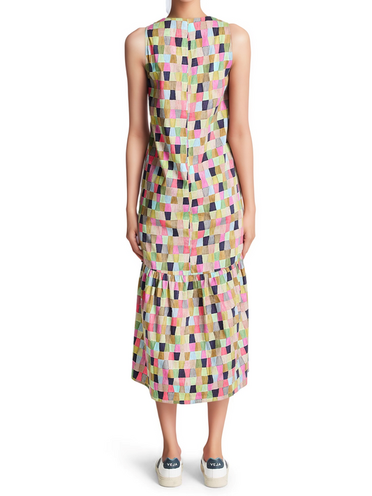 Colorfield Print Split V-Neck Sleeveless Ruffle Dress