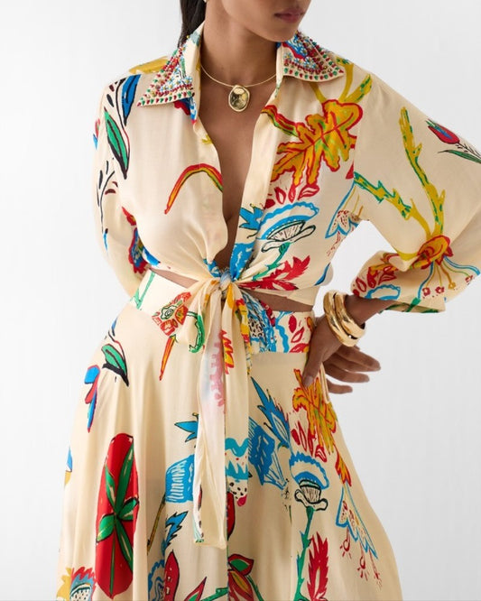 Cream floral hand block printed maxi skirt set