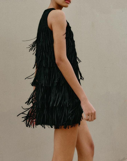 STUDDED FRINGED FAUX SUEDE DRESS