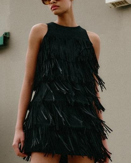 STUDDED FRINGED FAUX SUEDE DRESS