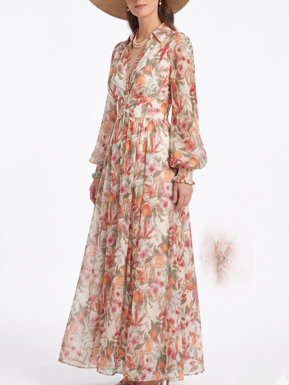 Cream Citrus & Floral Print Collared V-Neck Maxi Dress