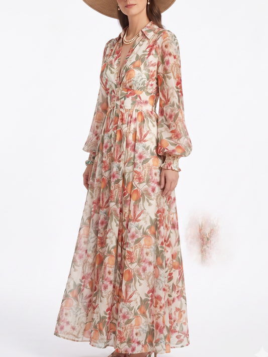 Cream Citrus & Floral Print Collared V-Neck Maxi Dress