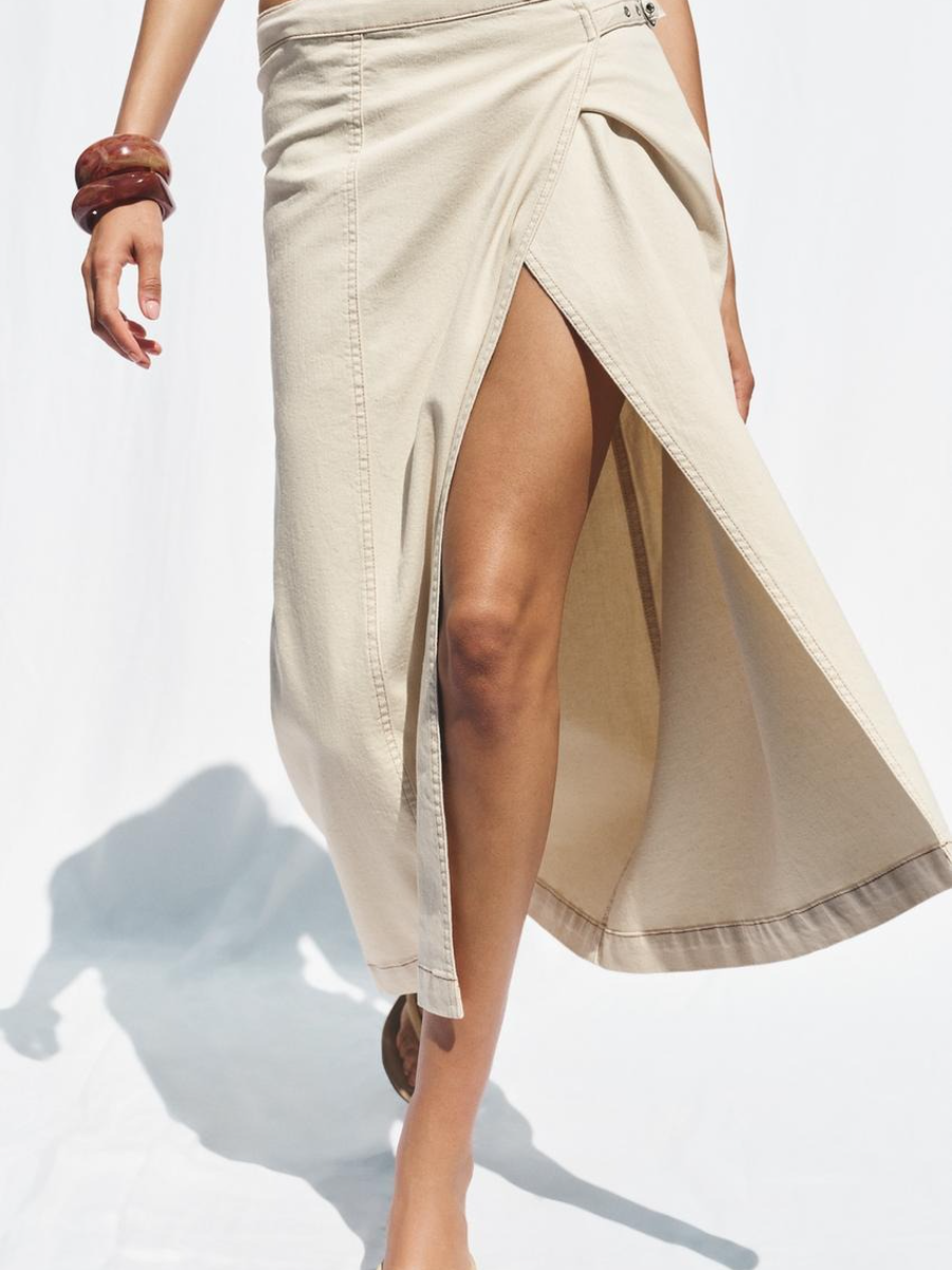 1975 DENIM CROSSOVER MIDI SKIRT