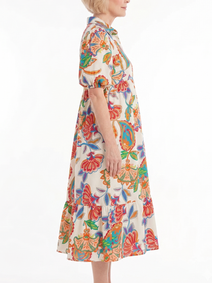 Vintage Floral V-Neck Puff Sleeve Dress