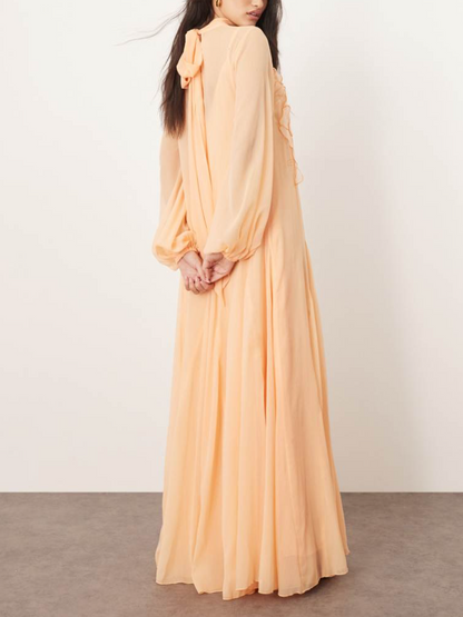 Apricot Blossom Floral Applied Chiffon Maxi Dress