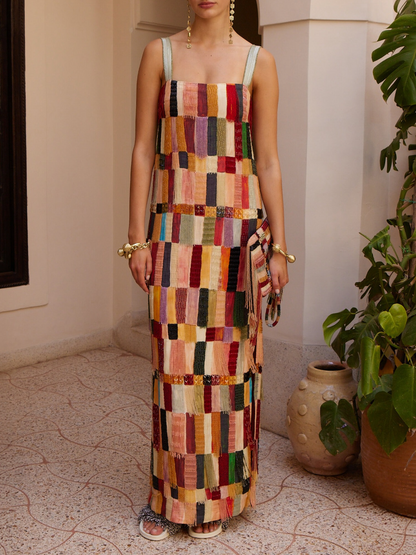 Fringed Embellished Silk Midi Dress