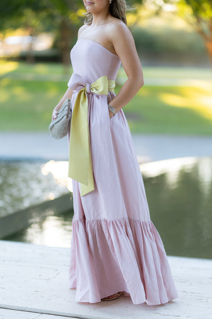 Light Pink and Green Bow-Tied Maxi Dress