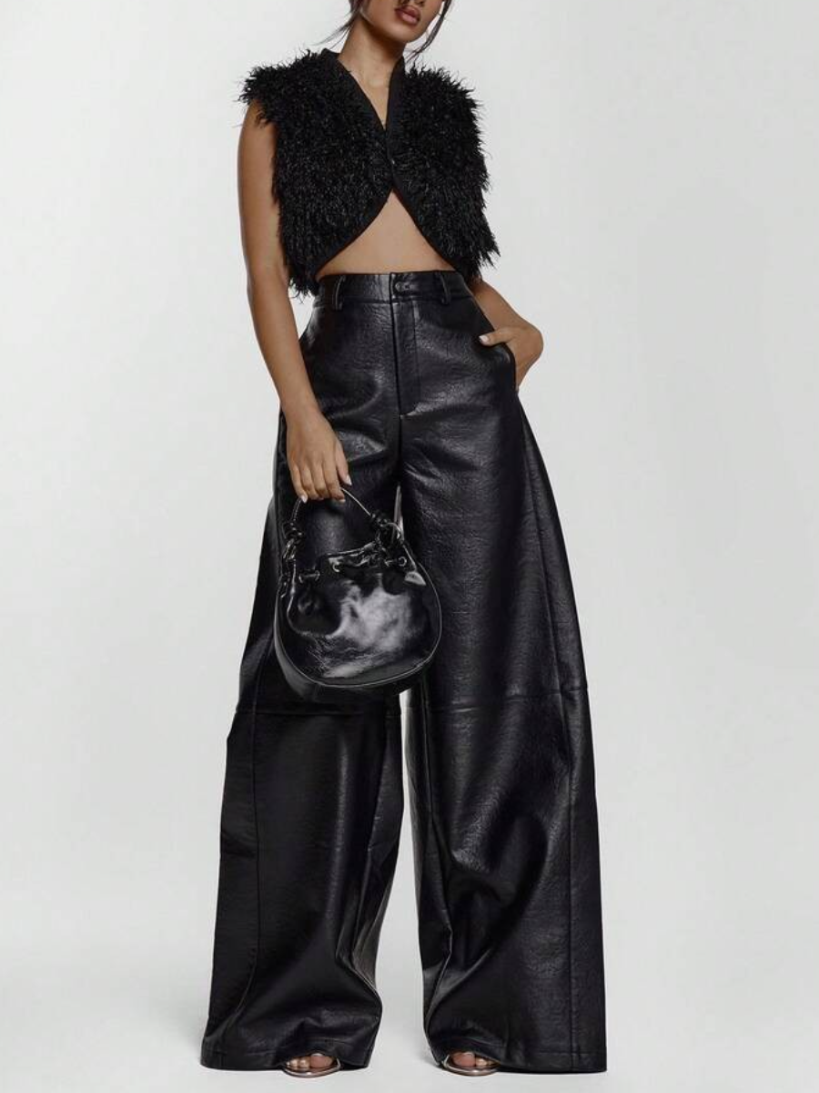 Imitation Leather Wide-Leg Mid-Waist Pants