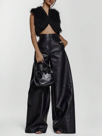 Imitation Leather Wide-Leg Mid-Waist Pants