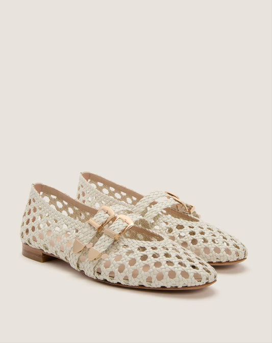 White Woven Buckle Nina Flats
