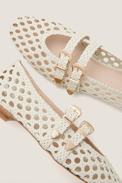 White Woven Buckle Nina Flats