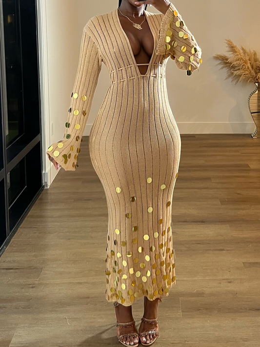 Camel Sequin Slim Dress