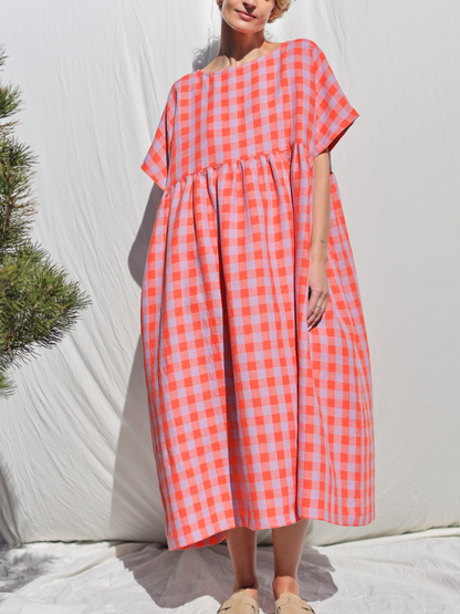 Oversized Red & Pink Gingham Smocked Midi Dress
