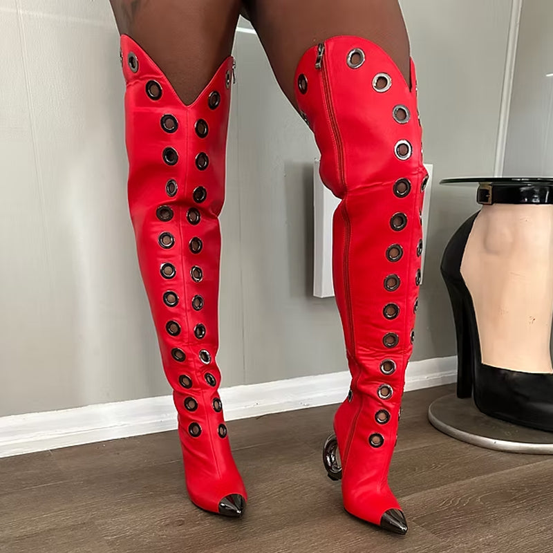Metal-Tipped Eyelet Thigh-High Boots