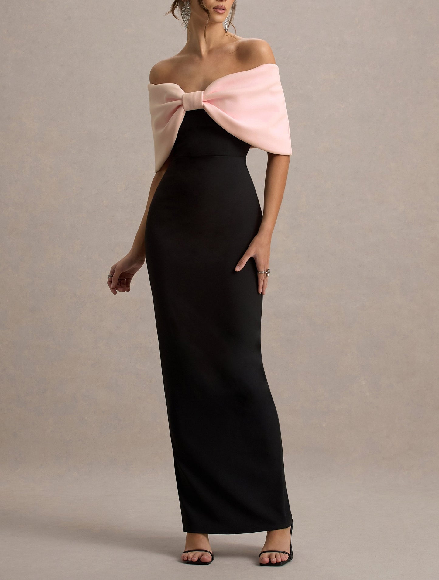 Pink & Black Strapless Maxi Dress With Oversized Bow