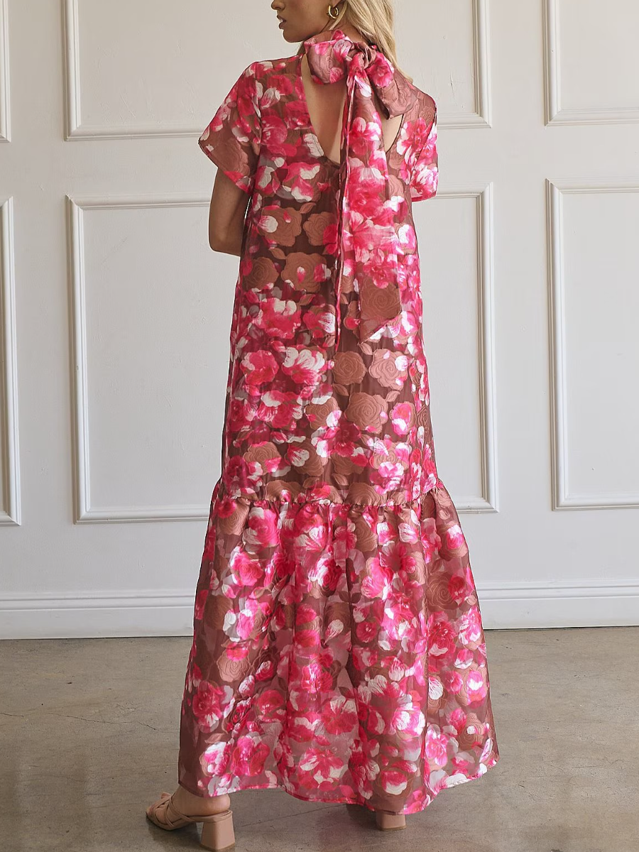 Sheer Floral Jacquard Organza Mock Neck Maxi Dress