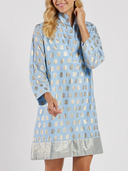 Metallic Elegance | Light Blue Gold Foil Print Tunic Dress