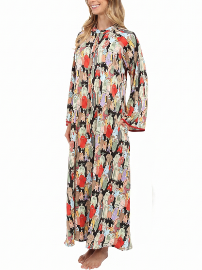 Vintage Hanbok Character Print Long Robe Dress - Black Straight-Cut With Red Piping