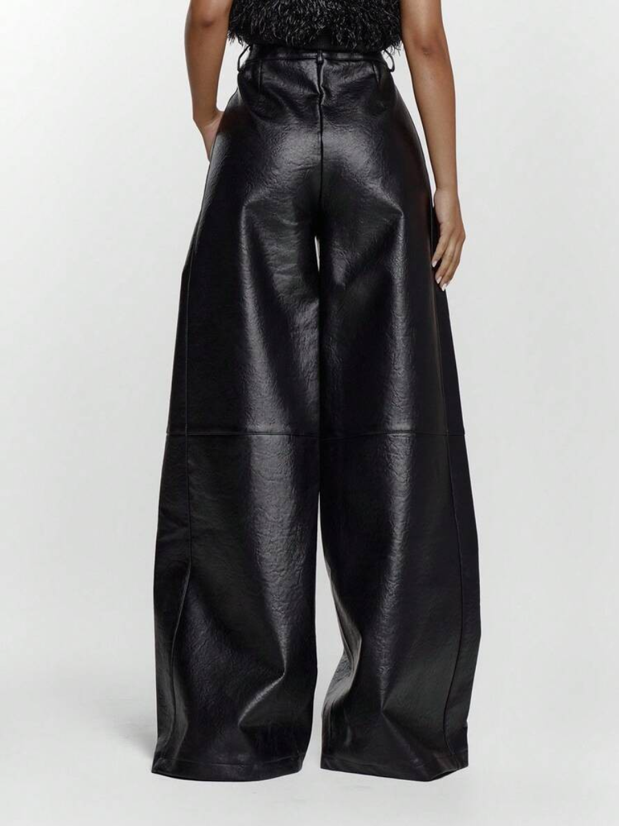Imitation Leather Wide-Leg Mid-Waist Pants