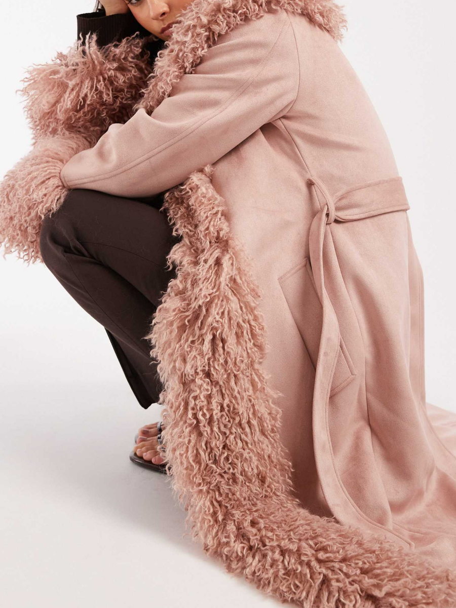 Suedette Faux Mongolian Trim Trench Coat In Soft Pink