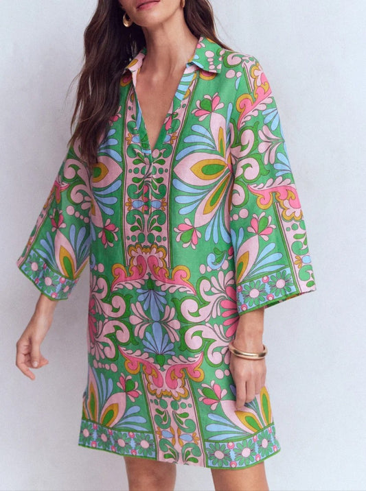 Printed Linen Short Dress