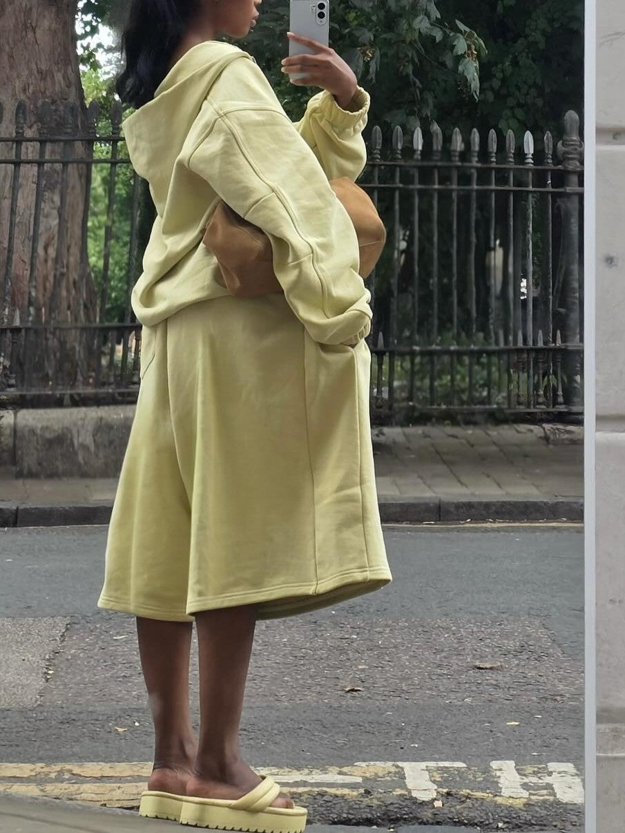 Lemon - Yellow Hooded Zip - Up And Culottes Set