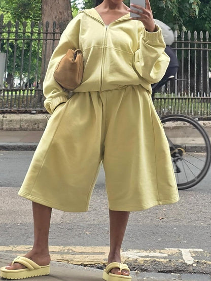 Lemon - Yellow Hooded Zip - Up And Culottes Set