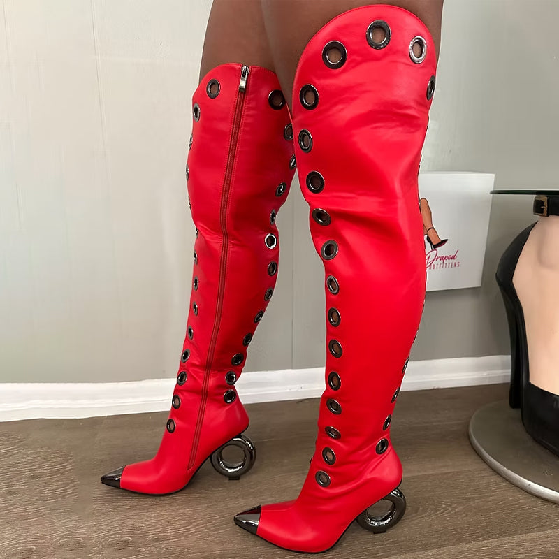 Metal-Tipped Eyelet Thigh-High Boots