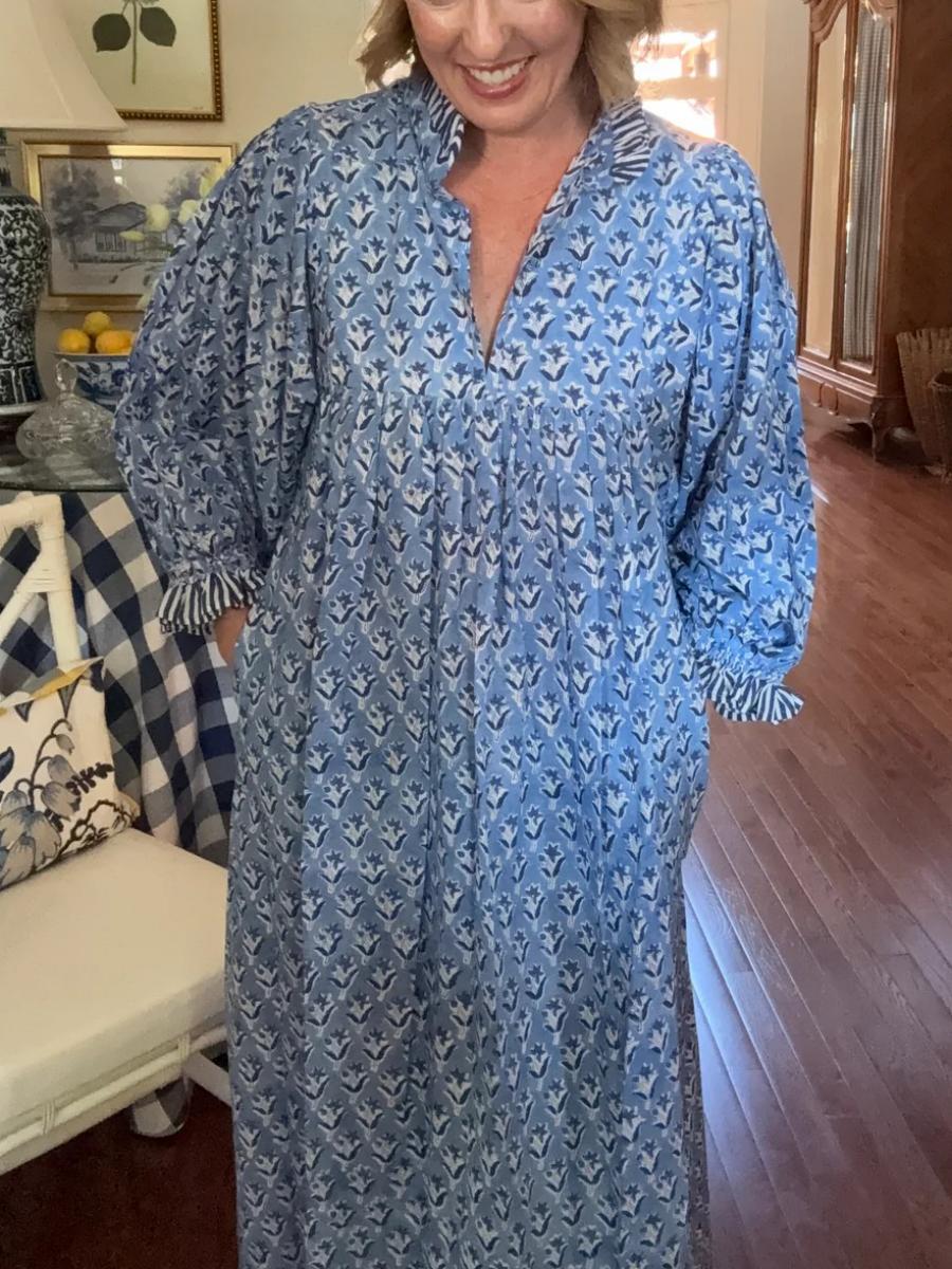 Newest Cotton Block Print Maxi Dress