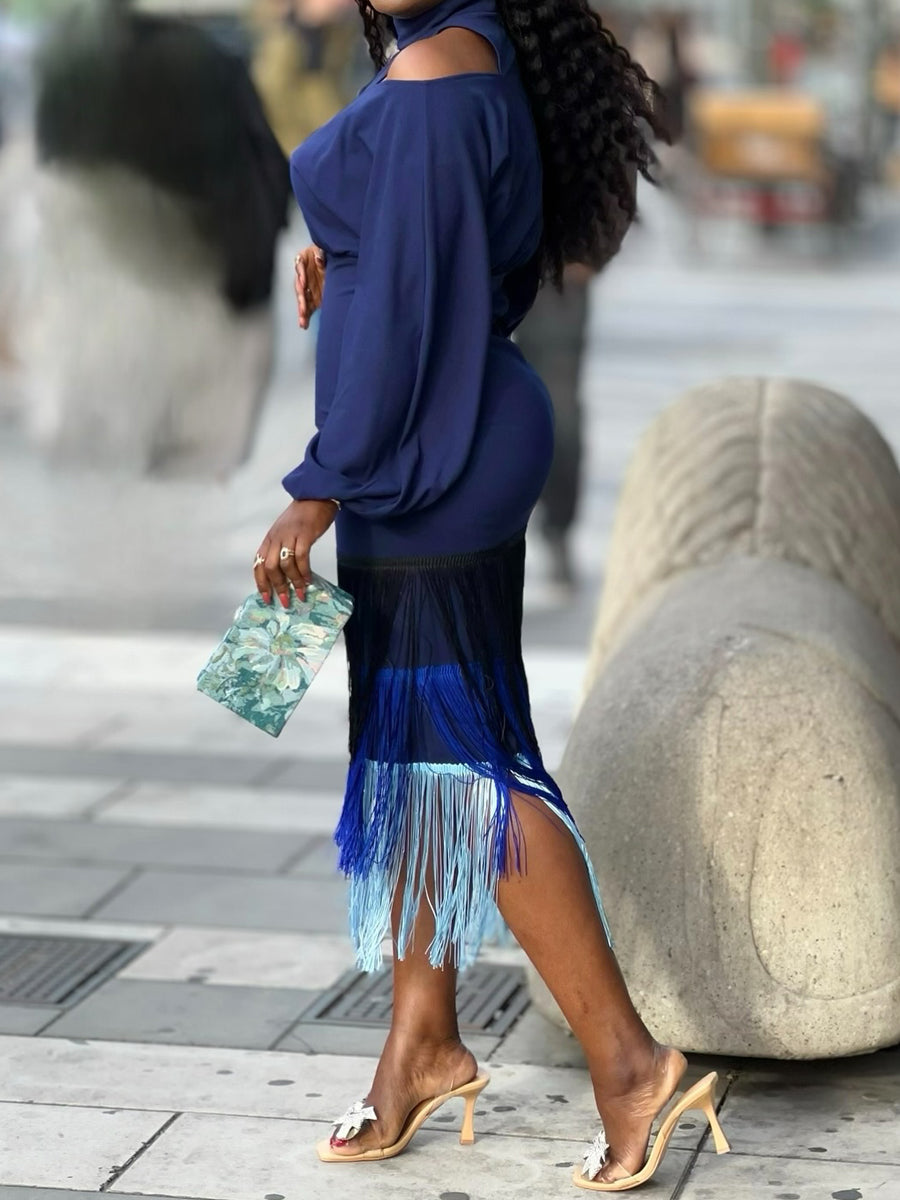 Cold Shoulder Fringed Edge Dress