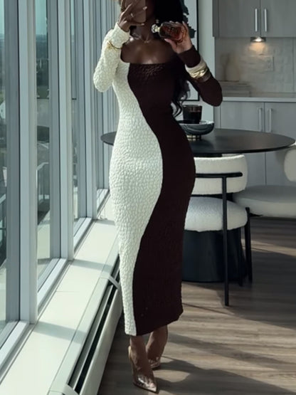 Square Collar Color Block Maxi Dress