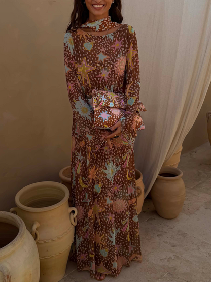 Celestial Starlight Mesh Long Sleeve Maxi Dress