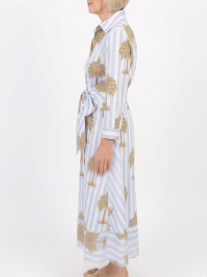 Blue & White Striped Palm Tree Print Tie-Waist Shirt Dress