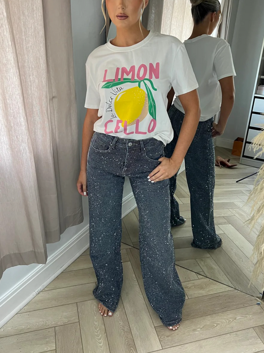 Rhinestone-studded Wide-leg Sparkly Jeans