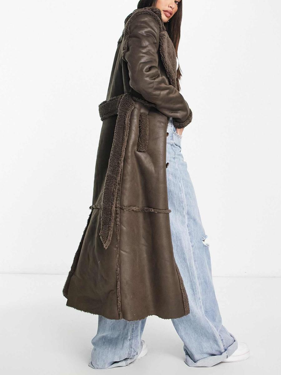 Chocolate Brown Faux Suede Longline Belted Coat