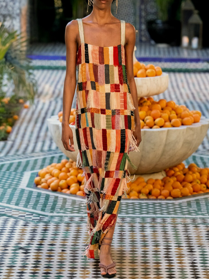 Fringed Embellished Silk Midi Dress