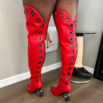 Metal-Tipped Eyelet Thigh-High Boots