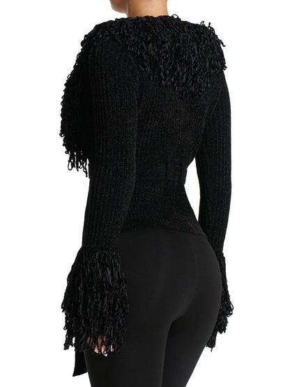 Fringe Tie Waist Deep V Neck Cardigan