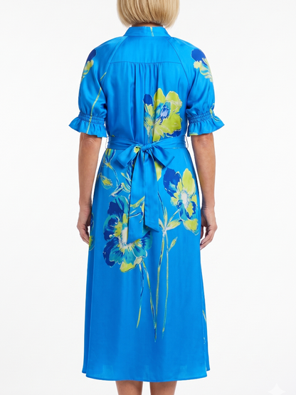Bright Blue Lime Yellow Floral Print Belted Midi Dres