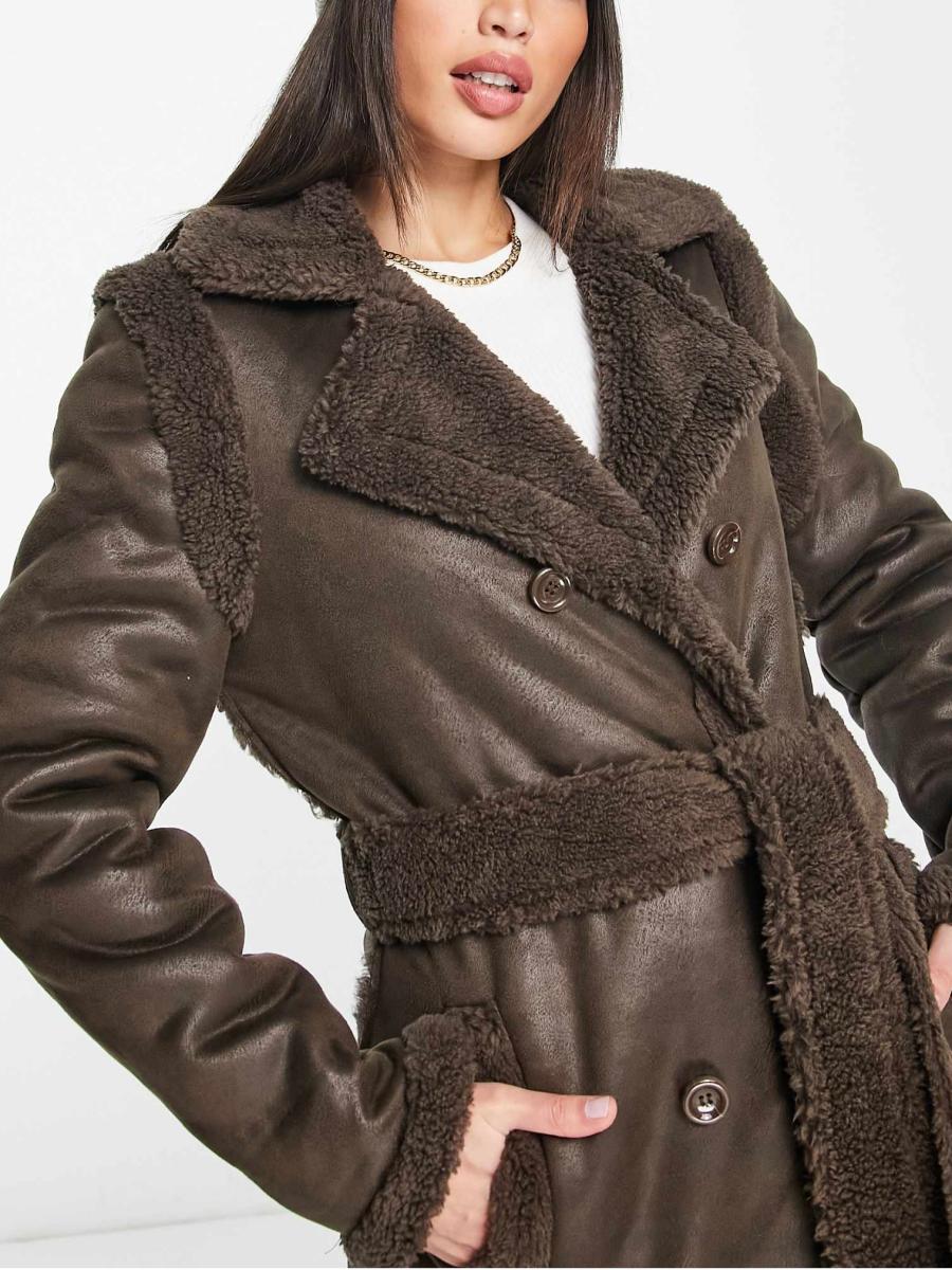 Chocolate Brown Faux Suede Longline Belted Coat